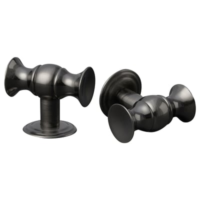 Two sleek, modern door knobs, black in color, with a smooth, rounded design, one showing a side view, the other a front view.