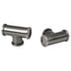 Two metal drawer knobs, one t-shaped, both brushed nickel, sleek and modern design.
