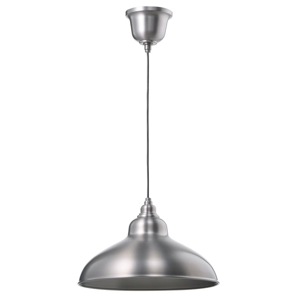 Modern ANKARSPEL pendant lamp, pewter-colored metallic shade, hanging cord, industrial design.