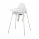 White ANTILOP highchair; plastic seat, metal legs, adjustable straps.