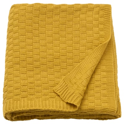 ANTOINETTA mustard yellow throw blanket, knit acrylic, square folded.
