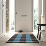 Blue & grey plaid rug near door, extends to stool with bag.