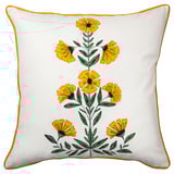 Decorative square throw pillow named AROMATISK with yellow floral design on white cotton, bordered by yellow piping.