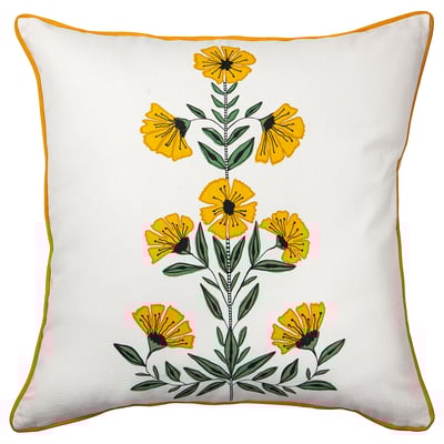 Decorative square throw pillow named AROMATISK with yellow floral design on white cotton, bordered by yellow piping.
