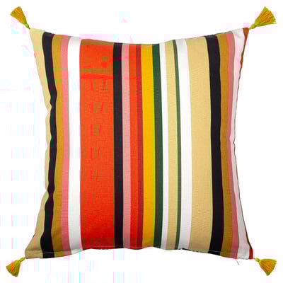 Aromatik cushion cover: vibrant red, yellow, green, black stripes, cotton with polyester tape, square with tassels.