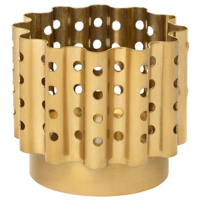 Brass-colored metal tealight holder with scalloped edge and circular cutouts for a warm, inviting glow.