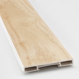 Light wood-patterned plinth with sleek, white edge, showcasing durable and stylish design.