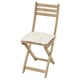 Wooden folding chair with white cushion. Light brown, rectangular, ladder back design. Comfortable for outdoor use.