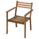 Brown acacia wood chair, slatted seat and back, armrests, outdoor use.