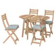 Option: ASKHOLMEN patio set - 4 wooden chairs, light brown, slatted design, round cushions.