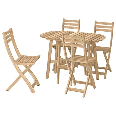 An ASKHOLMEN outdoor dining set in natural wood with four foldable chairs and a square table.