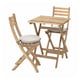 Wooden outdoor dining set with light cushions, perfect for small spaces.
