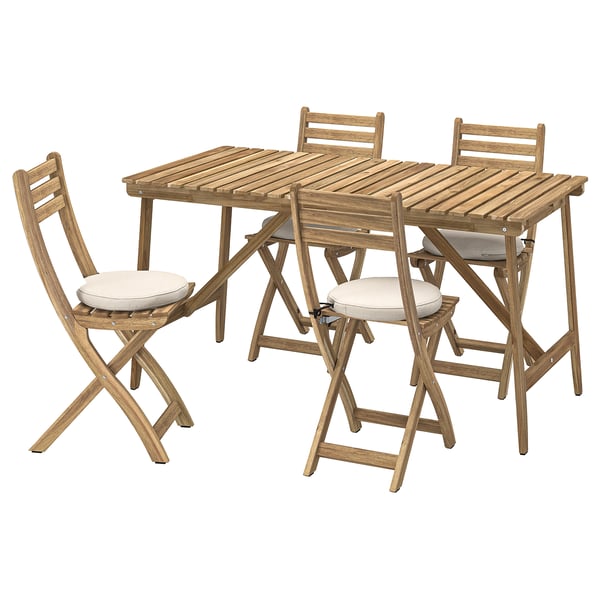 ASKHOLMEN outdoor dining set: light brown acacia table & 4 foldable chairs with cushions.
