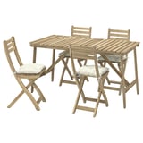 An ASKHOLMEN outdoor dining set with a light brown wooden table and four matching foldable chairs. The chairs have light beige cushions.