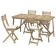 Option: An ASKHOLMEN outdoor dining set with a light brown wooden table and four matching foldable chairs. The chairs have light beige cushions.