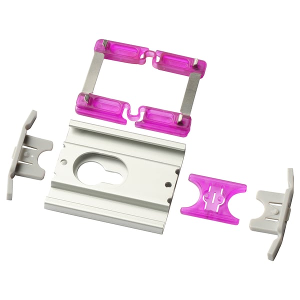 ÅSKVÄDER brackets: grey central piece with pink plastic attachments for organized power sockets.