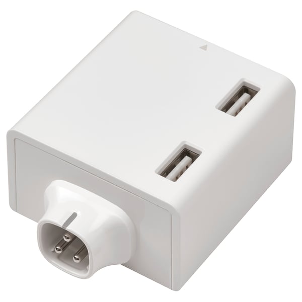 A white ÅSKVÄDER power module with 2 usb-a ports and overheating protection, designed to charge multiple devices simultaneously.