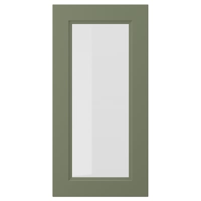 AXSTAD green glass cabinet door, grey-green frame, square panel, smooth finish.