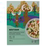 IKEA BÄSTISAR: organic elk-shaped durum wheat pasta box with cooking instructions and images of moose and pasta salad.