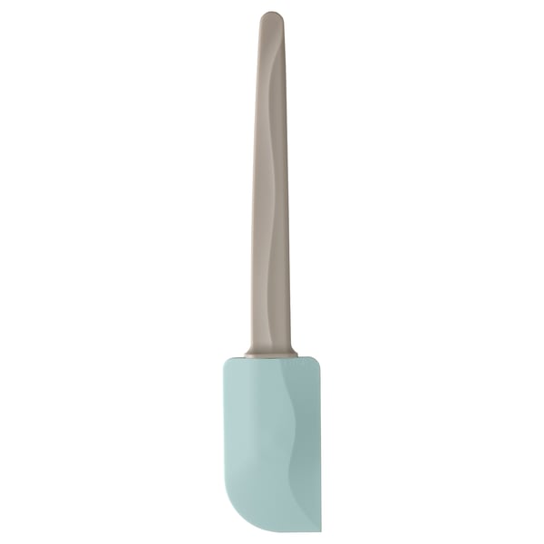 Light blue spatula with gray handle, silicone tip, smooth design, kitchen tool.
