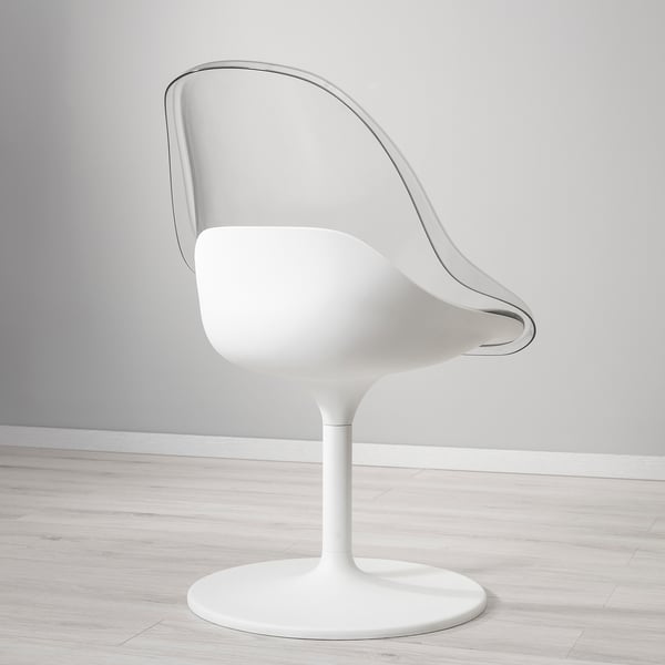Stylish swivel chair with a sleek, white design. A comfortable, bowl-shaped seat and backrest. Perfect for modern dining areas.