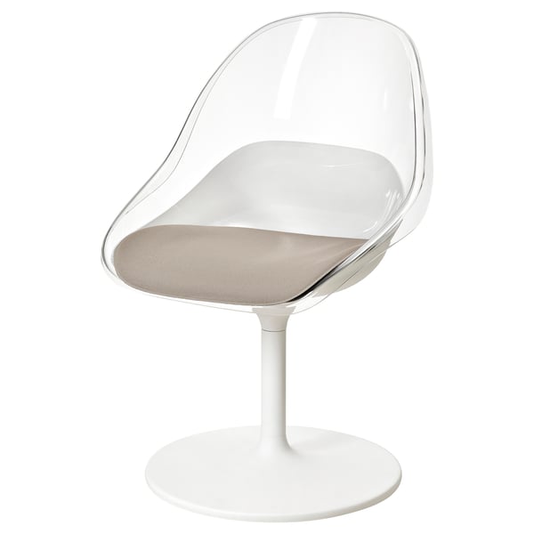 Modern white swivel chair with clear, curved seat and backrest. Comfortable and stylish for dining.