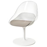 Modern white swivel chair with clear, curved seat and backrest. Comfortable and stylish for dining.
