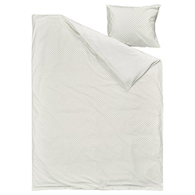 BANDKNIPPE Duvet cover and pillowcase, white/green, 150x200/50x60 cm