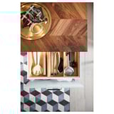 Wood countertop BARKABODA walnut chevron design, tools, gold tray, black & white tiles.