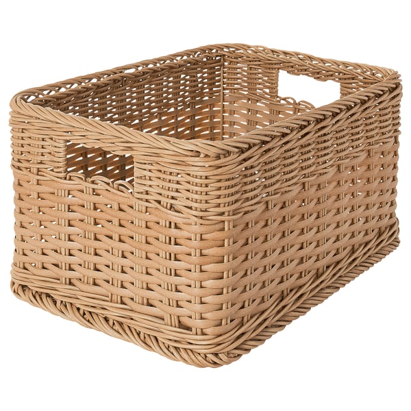 Handwoven BEKNA basket, light brown, rectangular, sturdy handles, plastic rattan, ideal for storage.