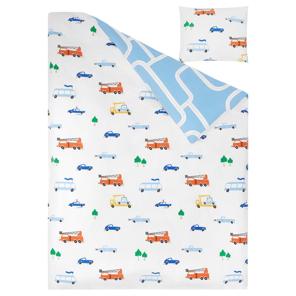 BERGFINK: kids white duvet & pillow with blue roads, cars, trucks. Soft cotton, zipper closure.