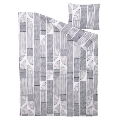 Bergkorsort duvet set, white with black leaf pattern, crisp cotton/viscose fabric, minimalistic scandinavian design.