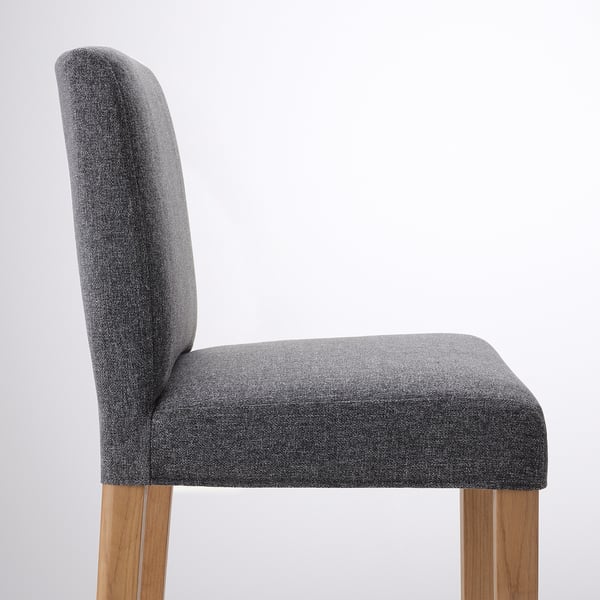 Modern grey upholstered bar stool with wooden legs. High back, comfortable cushioned seat. Elegant and functional design.