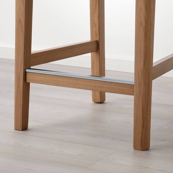 Modern bar stool with sturdy wooden legs and metal footrest, designed for comfort and durability.