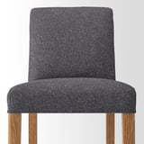 A high-quality grey fabric bar stool with wooden legs, offering a comfortable seat and backrest. The cover is removable and washable.
