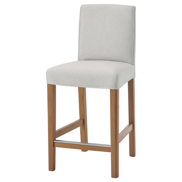 A white BERGMUND bar stool with a wooden base, high back, and a padded seat.