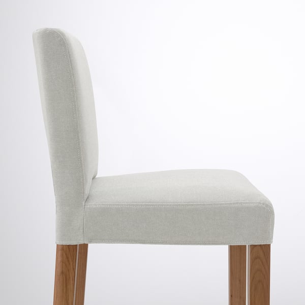 A modern upholstered bar stool with a high back, featuring a light grey fabric cover and sturdy wooden legs.