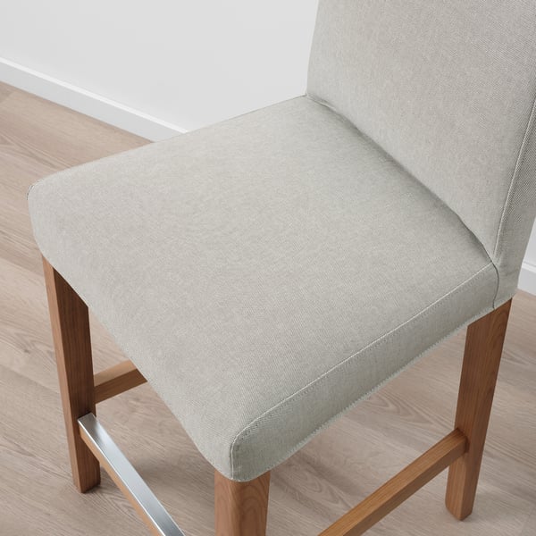 Modern bar stool with sleek lines, light gray upholstery, and wooden legs, offering a stylish and comfortable seating option.