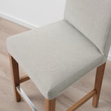 Modern bar stool with sleek lines, light gray upholstery, and wooden legs, offering a stylish and comfortable seating option.