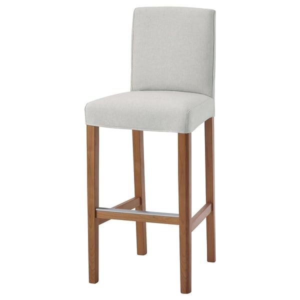 BERGMUND bar stool: light gray fabric on curved wooden legs; high back, square seat.