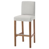 BERGMUND bar stool: light gray fabric on curved wooden legs; high back, square seat.