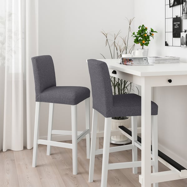 Two grey barstools with white legs and cushioned backs at a white table with plants and magazines.