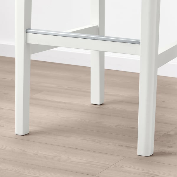 Modern bar stool with sleek white legs and minimalist design on light wood floor.