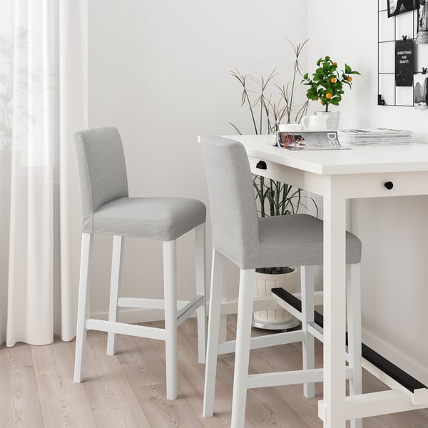 Two grey BERGMUND bar stools at white table, white room, minimalist design.