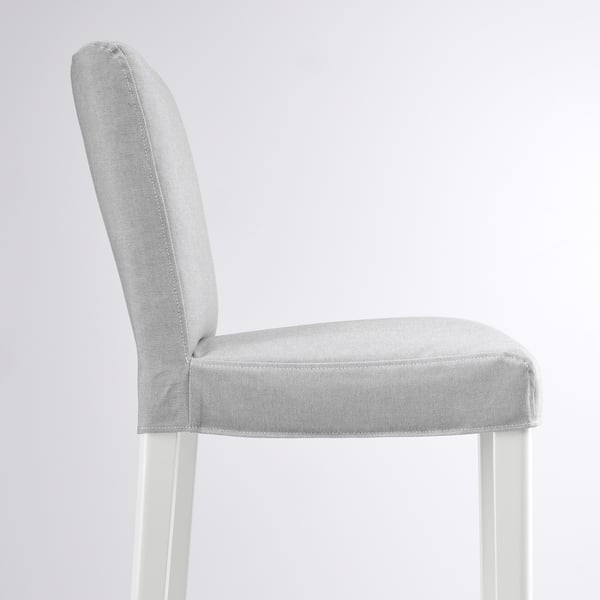 Modern gray bar stool; high back, cushioned seat, white metal legs, minimalist style.