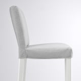 Modern gray bar stool; high back, cushioned seat, white metal legs, minimalist style.