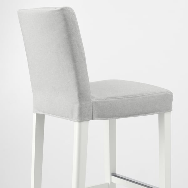 Modern gray bar stool with sleek white legs, offering cushioned comfort and back support.