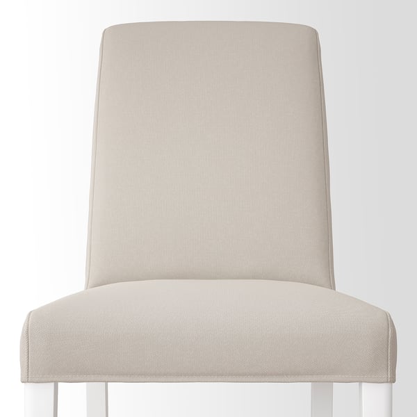 A sleek, upholstered dining chair in beige with high back and white legs, designed for comfort and easy cleaning.