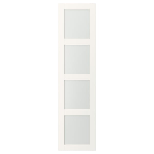 This image shows a BERGSBO white door with frosted glass panels. It a modern square design, framed in fibreboard with a clean, minimalist look.