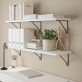 Wall-mounted shelves display books, binders, and decorative items for workspace storage and organization.